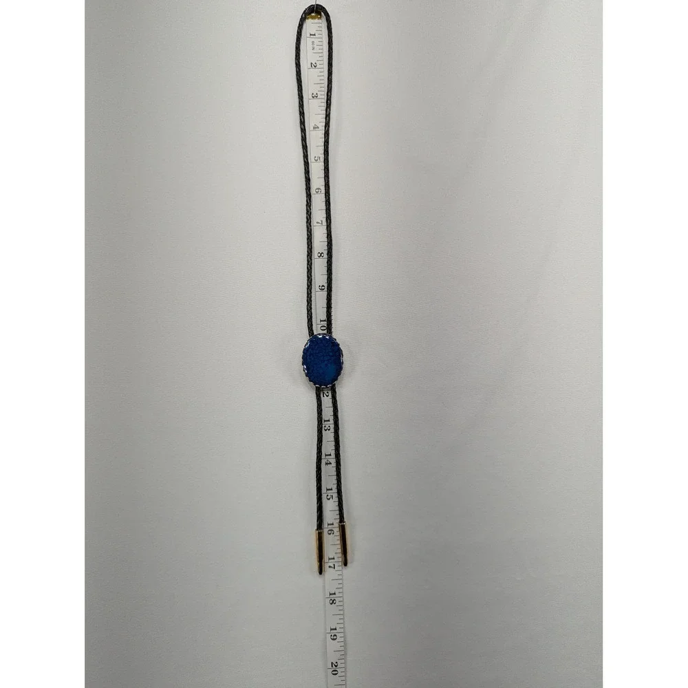 Vintage Western Bolo Tie Blue Faux Turquoise Oval Gold Silver Tone Black Cord‎